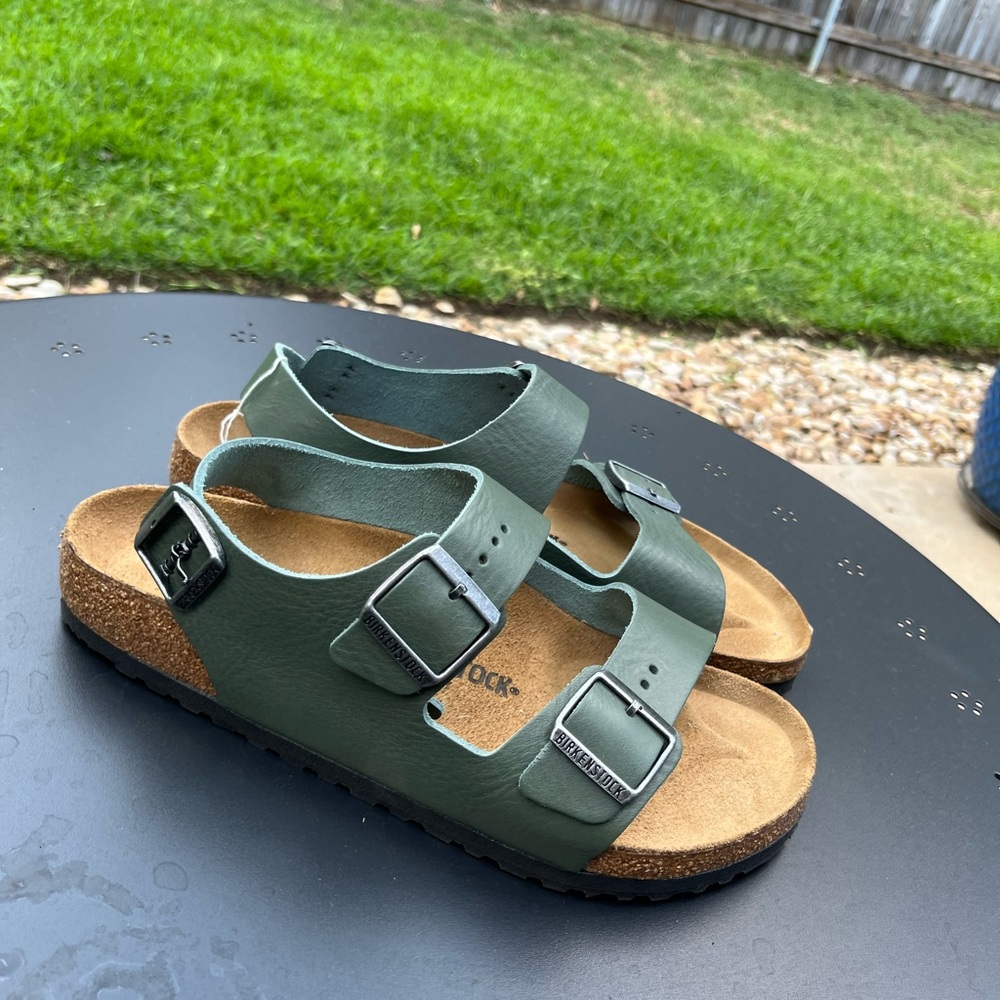 Birkenstock Milano Green Sandals with Cork Footbed and Adjustable Buckles